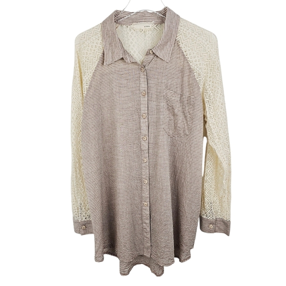 A'Reve Tops - A'REVE Striped Lace Button Up Shirt